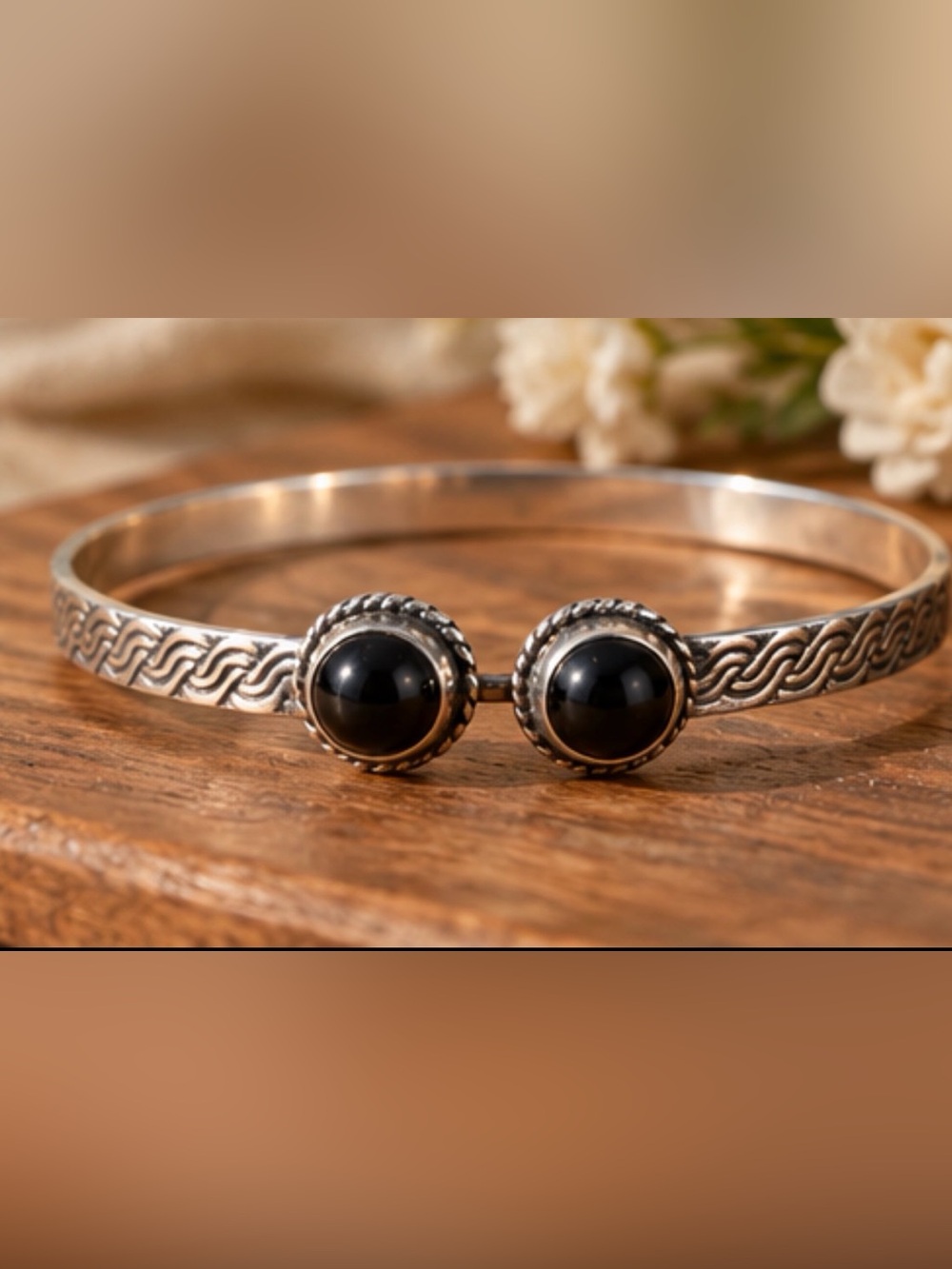925Sterling Silver plated Open Bangle Bracelet with Black Onyx Accents